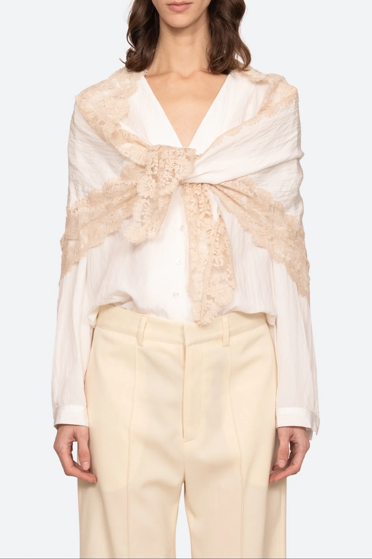 Lisette Solid Long-Sleeve Blouse With Lace Scarf - Image 4