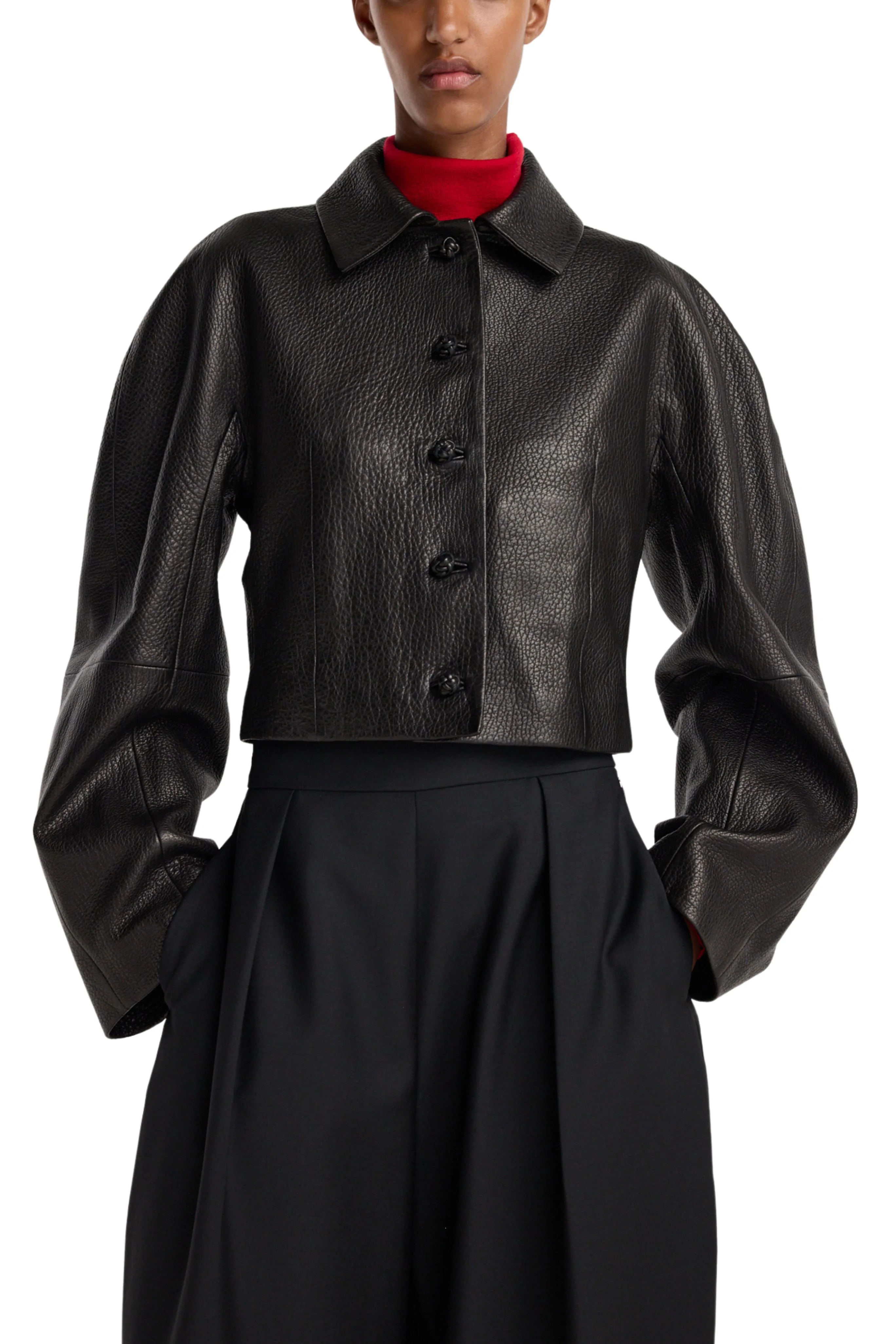 Rounded Grain Leather Cropped Jacket - Image 5